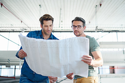 Buy stock photo Architect, business people and planning with blueprint in office for creativity, teamwork and concentrate on paper. Architecture, men and collaboration in floor plan project, talking and cooperation
