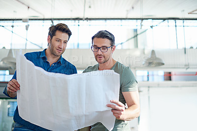Buy stock photo Architecture, business people and discussion with blueprint in office for creative, teamwork and planning. Architects, men and collaboration in floor plan project, talking and cooperation together