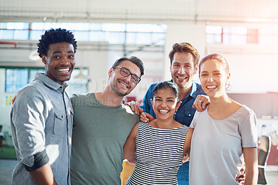 Buy stock photo Portrait of a group of colleagues standing together in the office