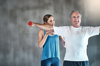 Buy stock photo Senior man, dumbbells and help with woman in gym for physiotherapy, stretching arms and rehabilitation exercise. Old male patient, coach support and workout for arthritis with balance and weights