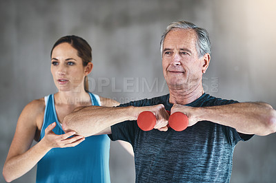 Buy stock photo Coaching, dumbbell and fitness with old man and personal trainer for support, health and physiotherapy. Training, weights and senior patient workout with woman, physiotherapist and help for exercise