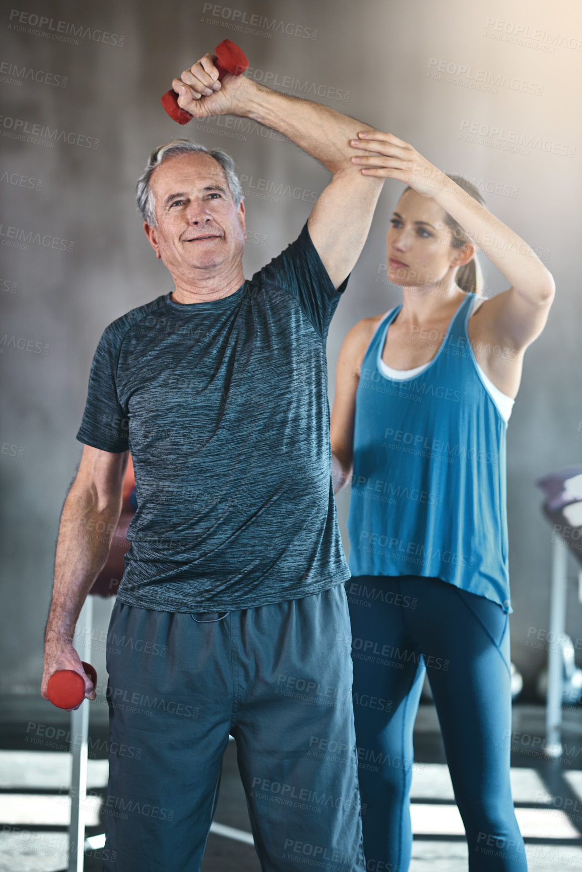 Buy stock photo Physiotherapy, dumbbell and fitness with old man and personal trainer for support, health and workout. Training, weightlifting or coaching with senior patient and physiotherapist for elderly exercise