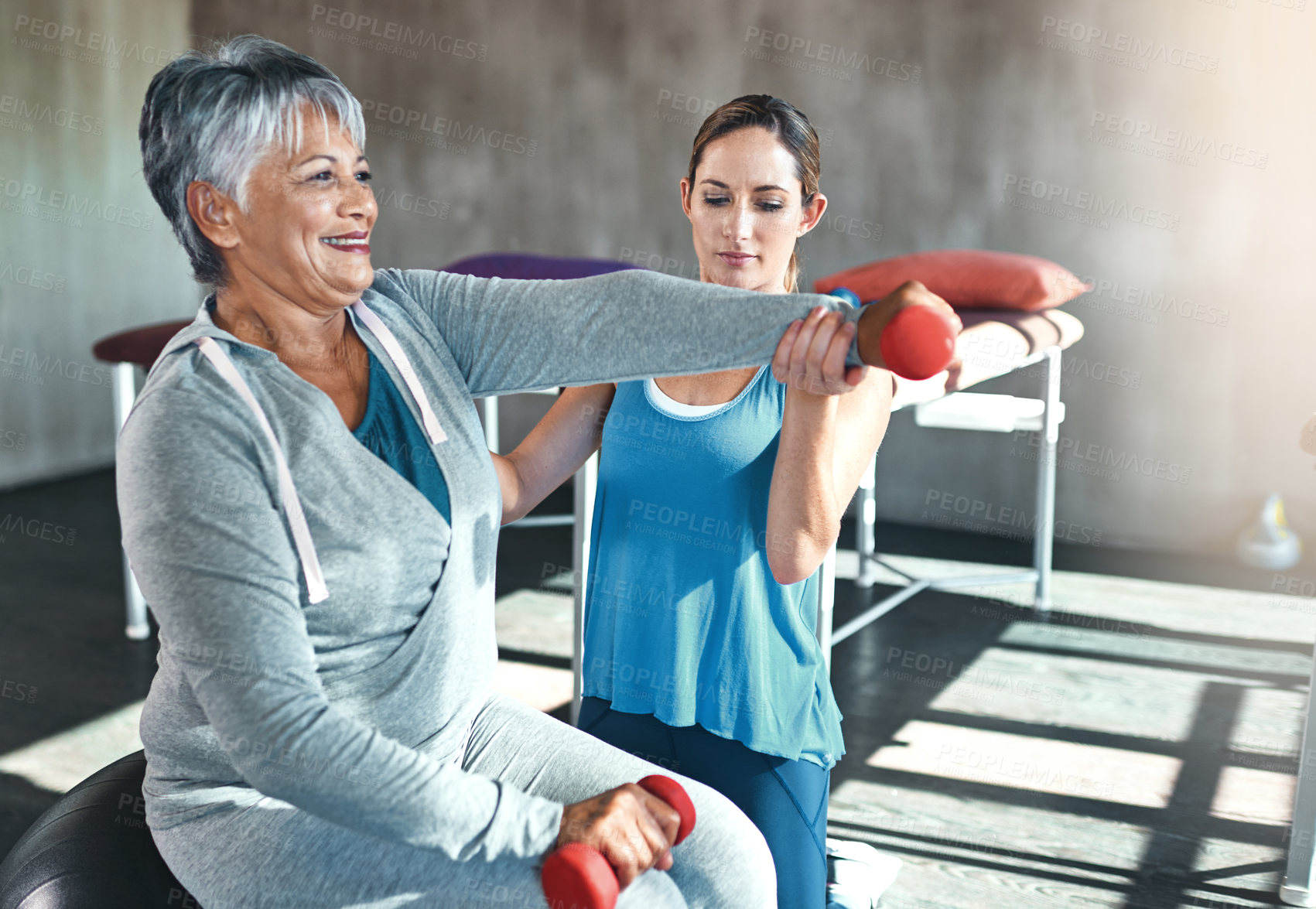 Buy stock photo Old woman, physiotherapy and arm exercise with dumbbell for injury rehabilitation or training, joint pain or inflammation. Senior person, arthritis and muscle mobility on fitness, recovery or trust