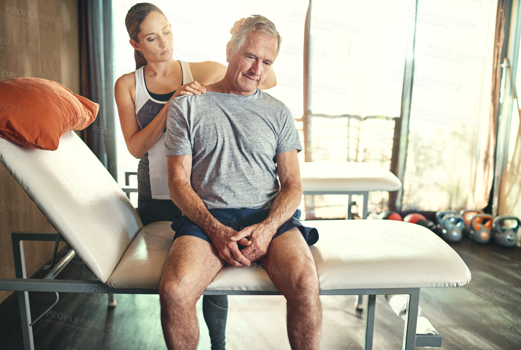 Buy stock photo Senior, man and physiotherapy for neck pain treatment or rehabilitation consultation, mobility or injury. Client, woman and stretch joint or accident healing in retirement, healthcare or insurance