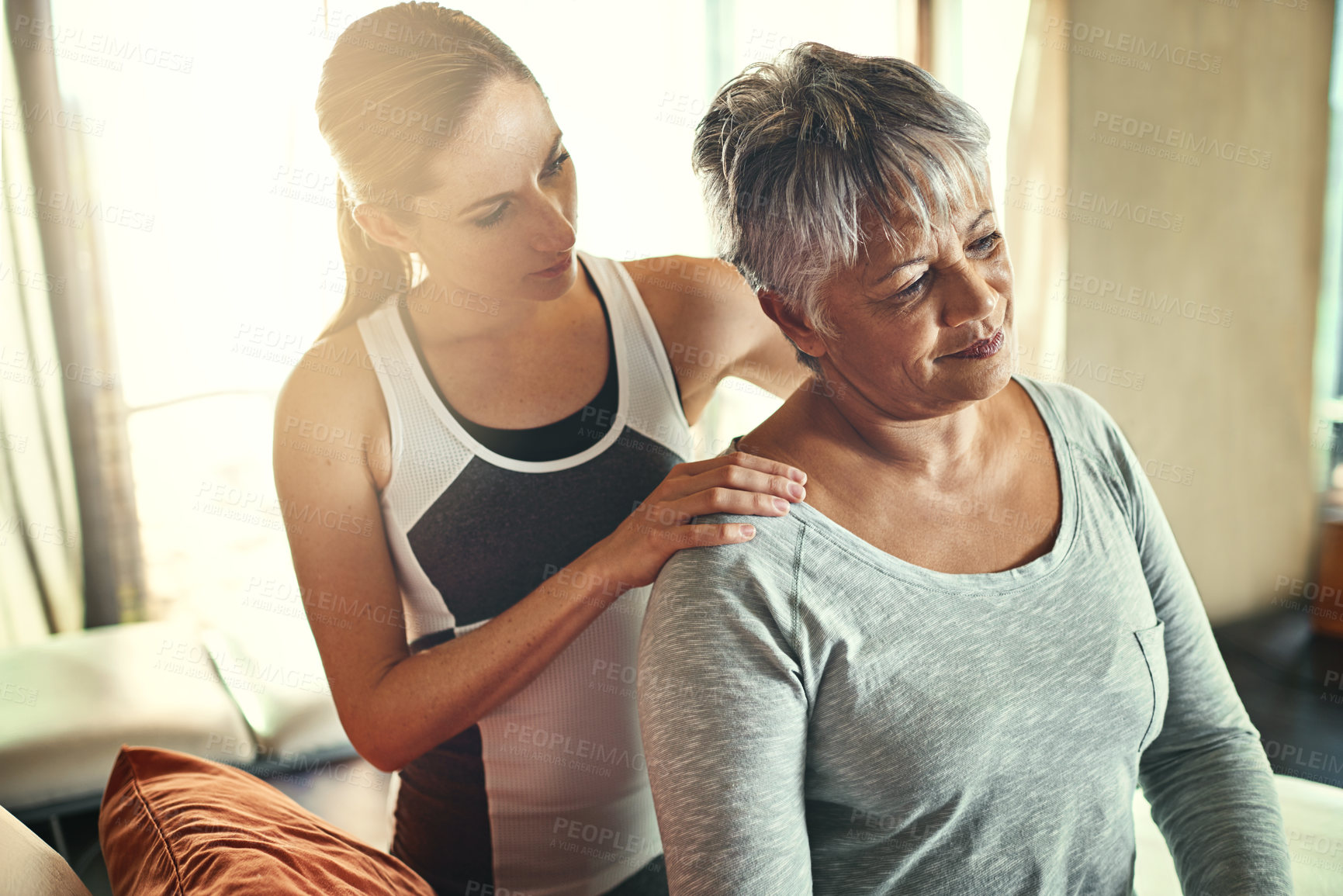Buy stock photo Health, physiotherapy and senior woman with shoulder massage for muscle relief and injury recovery in clinic. Physical therapy, chiropractor and healthcare consultation for rehabilitation and support