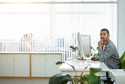 Buy stock photo Business, portrait and man with a computer in office for online planning, proposal or connection. Lens flare, employee or graphic designer at desk with confidence, job growth or project development