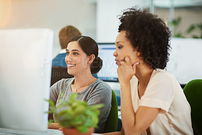 Buy stock photo Women, office and happy with computer for teamwork and collaboration as web developers. Employee, support and help with pride on skill development or career growth for website design for project
