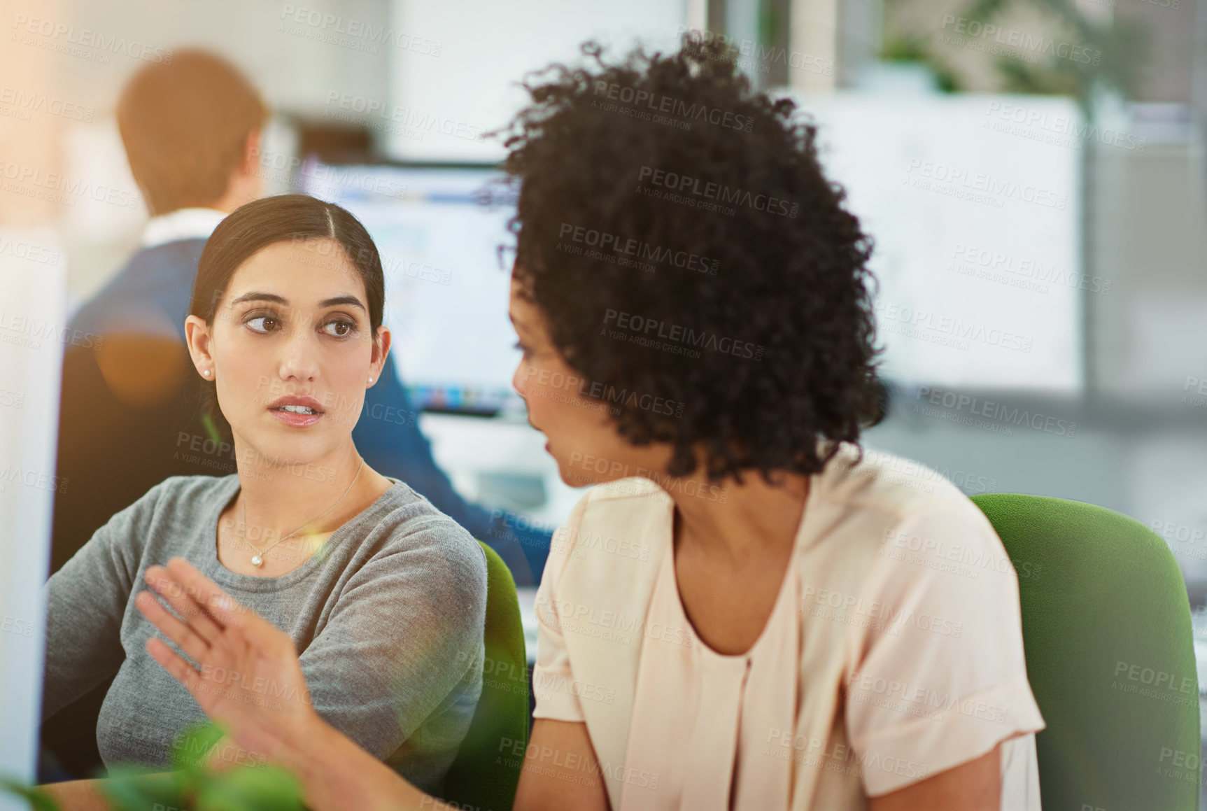 Buy stock photo Coaching, collaboration or planning with business people in office together for discussion. Computer, teamwork and training with colleague staff talking in workplace for design, learning or support