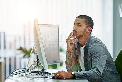 Buy stock photo Business man, thinking and reading on computer for project, internship and web research in copywriting. Writer, editor or worker on desktop for editing choice, decision and planning ideas at startup