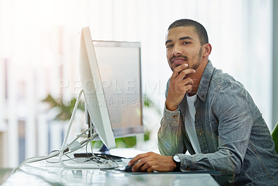 Buy stock photo Man, portrait and computer or online programming for game design or creative software, research or confidence. Male person, face and desktop pc as website developer at media agency, startup or tech
