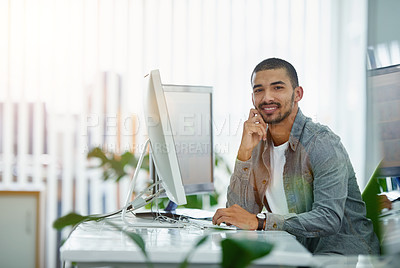 Buy stock photo Businessman, portrait and computer for online research or IT programming with software, website or developer. Male person, face and desktop pc in office as game designer, networking or connectivity