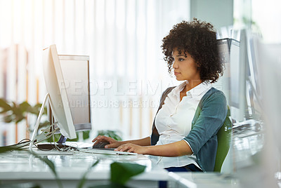 Buy stock photo Computer, reading and business woman in office with research online for creative project planning. Technology, typing and professional female designer writing email for review or report in workplace.
