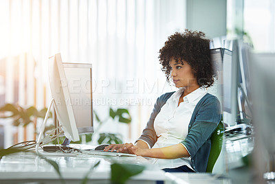 Buy stock photo Computer, typing and business woman in office with research online for creative project planning. Technology, reading and professional female designer writing email for review or report in workplace.