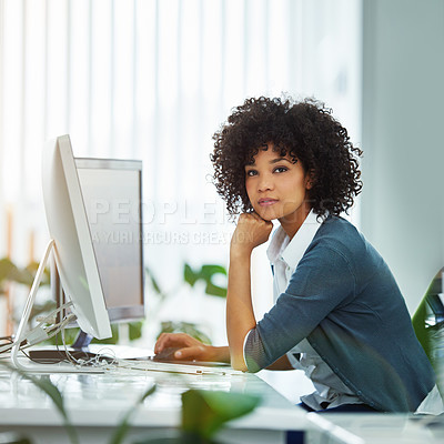Buy stock photo Portrait, business and woman with computer, thinking and confidence with internet, solution and risk department. Face, person or employee with pc, problem solving or insurance consultant with website