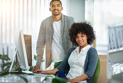 Buy stock photo Happy manager or leader helping an employee on a computer to plan ideas or business growth strategy. African female intern or trainee working for a startup and training in the IT department