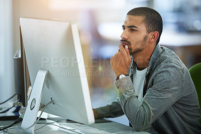 Buy stock photo Man, computer and thinking as web designer in office for software programming, thoughts or project planning. Male person, desktop and IT decision with media research for networking, skill or ideas