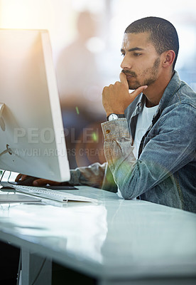 Buy stock photo Thinking, working and smart young web designer planning a digital design on a office computer. Focusing tech developer creating online website content. Information technology worker looking at code
