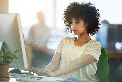 Buy stock photo Office, desk and woman with typing on computer for email, digital communication and feedback. Journalist, employee and person with thinking by monitor for editing, research and review of article