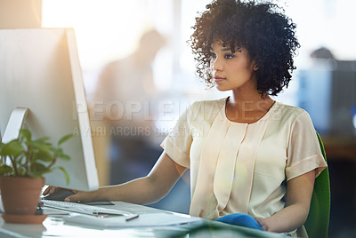 Buy stock photo Computer, desk and woman with research in office for online networking, feedback and review. Journalist, employee and person with reading by monitor for email, communication and editing of article