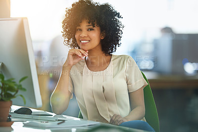 Buy stock photo Friendly and successful business woman or corporate professional happy with her job in Human Resources department at a modern company. Portrait of a young administrator or HR intern in an office