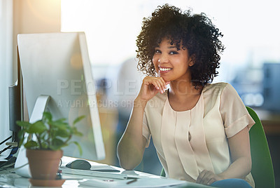 Buy stock photo Woman, smile and business workplace and desk with computer, desktop and planning for online project. Search, information and professional administrator, reading email and company schedule for work