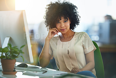 Buy stock photo Woman, portrait and business workplace and desk with computer, desktop and planning for online project. Personal assistant and professional administrator, email and company schedule for work agenda