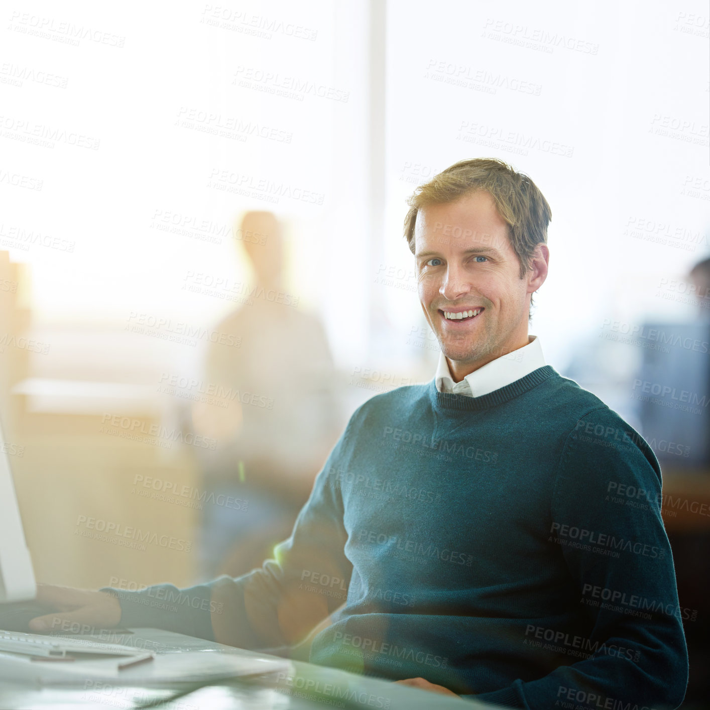 Buy stock photo Happy business man with a positive mindset in an office working on an innovation growth project. Portrait of a startup entrepreneur smiling about the progress, mission and vision of his company