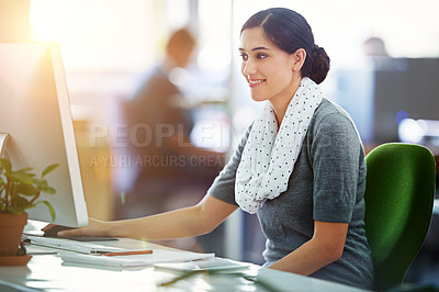 Buy stock photo Happy woman, computer or research for web design of website, software update or development in digital agency. Online, news or designer working on PC technology or information at startup for solution
