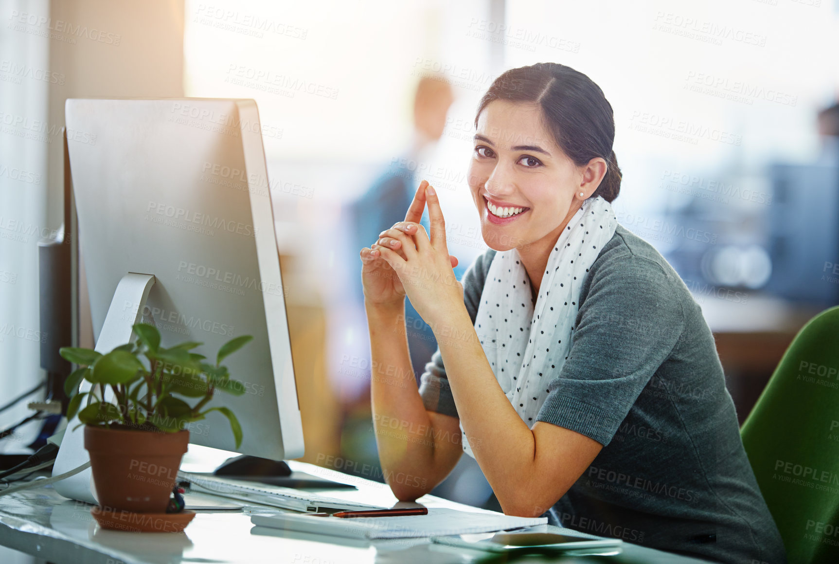 Buy stock photo Happy, business woman and thinking in office with computer and paper for creative career as copywriter or journalist. Female person, smile and tech for freelance writing with confidence and internet