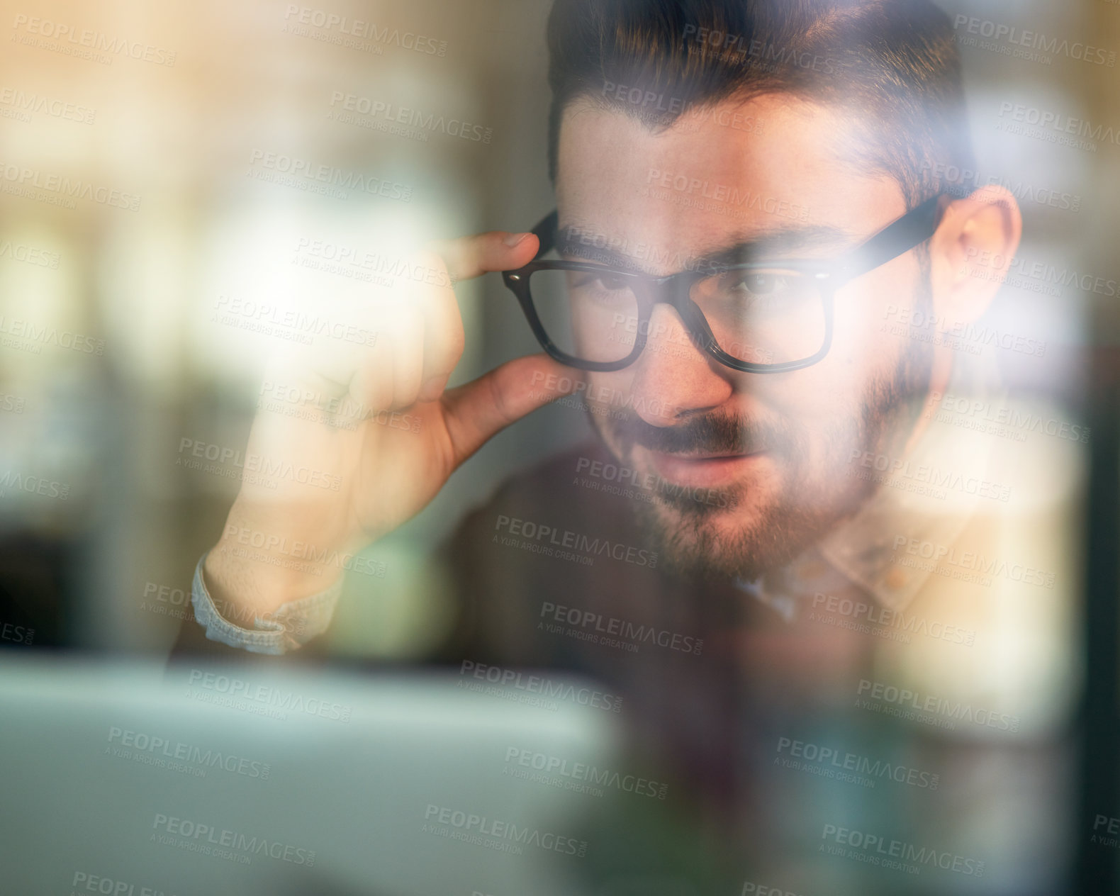 Buy stock photo Office, man and reading with glasses on laptop with news, info and journalist with online article. Press, media and writer with research on internet, website and post report with analysis of truth