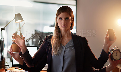 Buy stock photo Enhanced shot of a young designer with four arms holding up various objects while standing in her office
