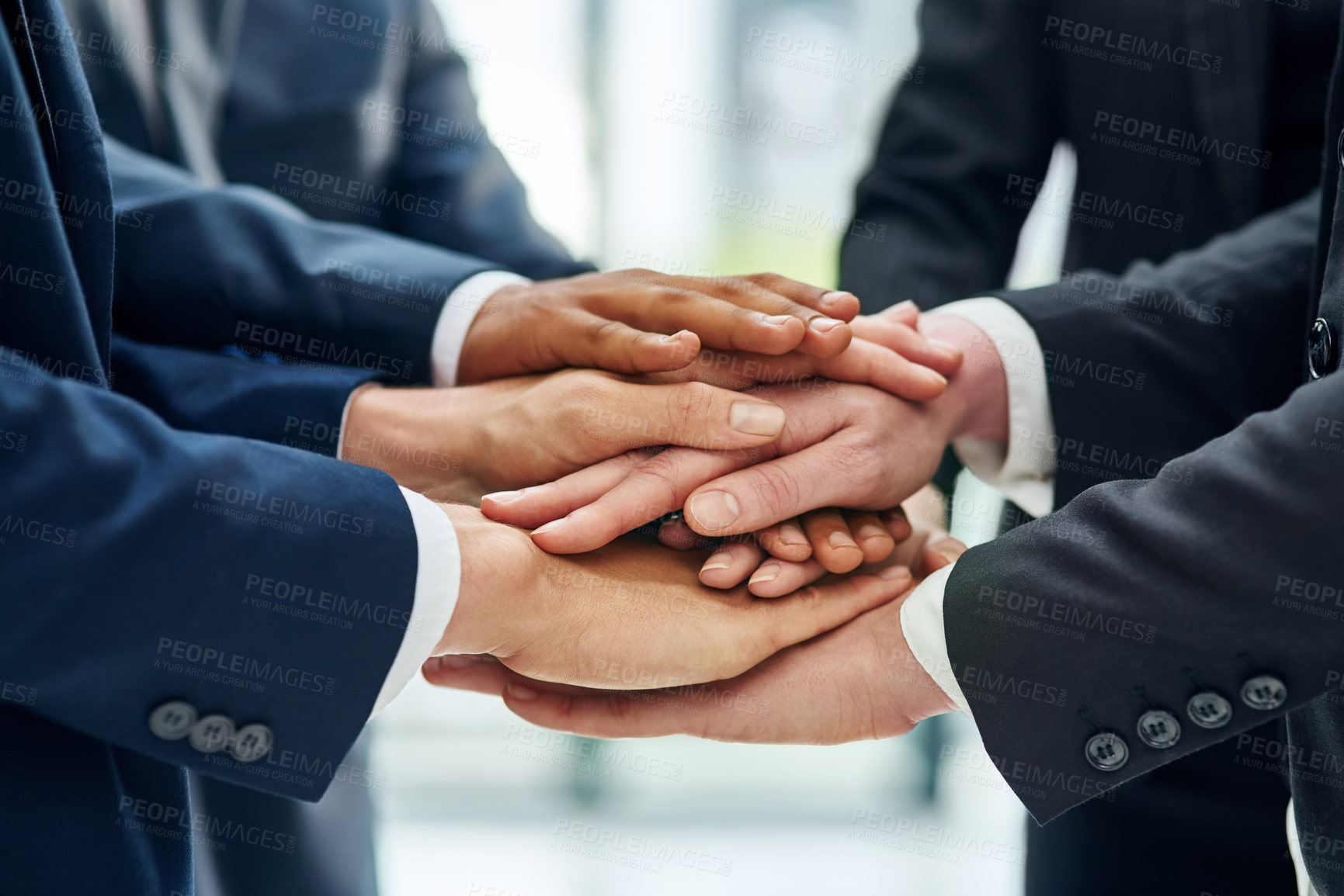 Buy stock photo Business people, hands and pile united in office, motivation and support for company win. Employees, collaboration and solidarity for target or goals achievement, celebration and teamwork feedback
