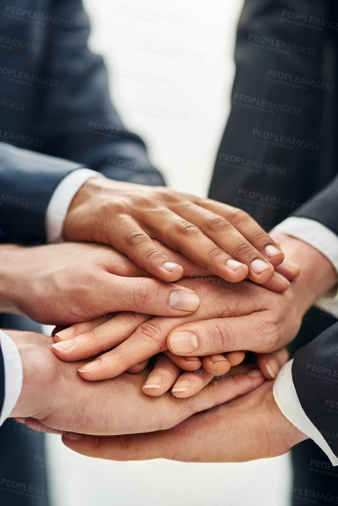 Buy stock photo Business people, hands and stack for solidarity in office, motivation and support for company win. Employees, pile and together for target or goals achievement, celebration and collaboration pride