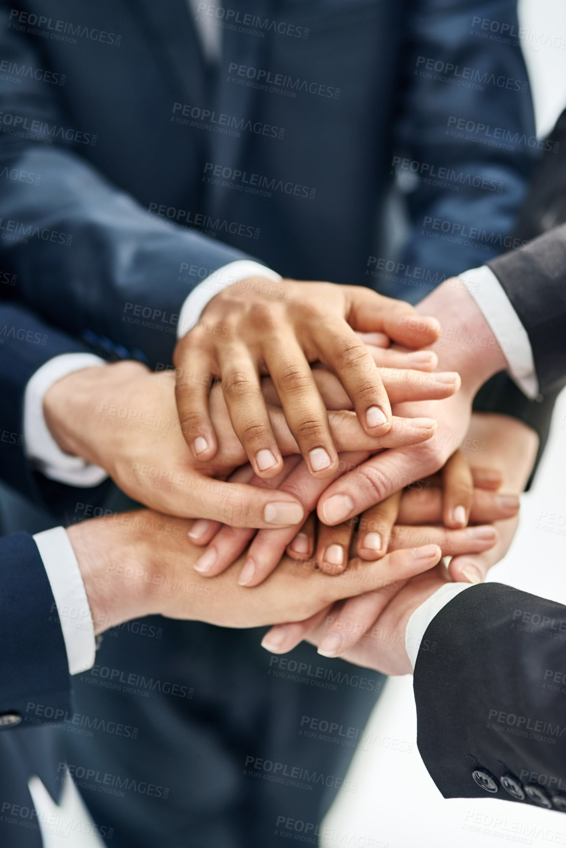Buy stock photo Business people, hands and stack for teamwork support or corporate community, partnership or solidarity. Colleagues, pile and target goals with company trust as workforce, connection or opportunity