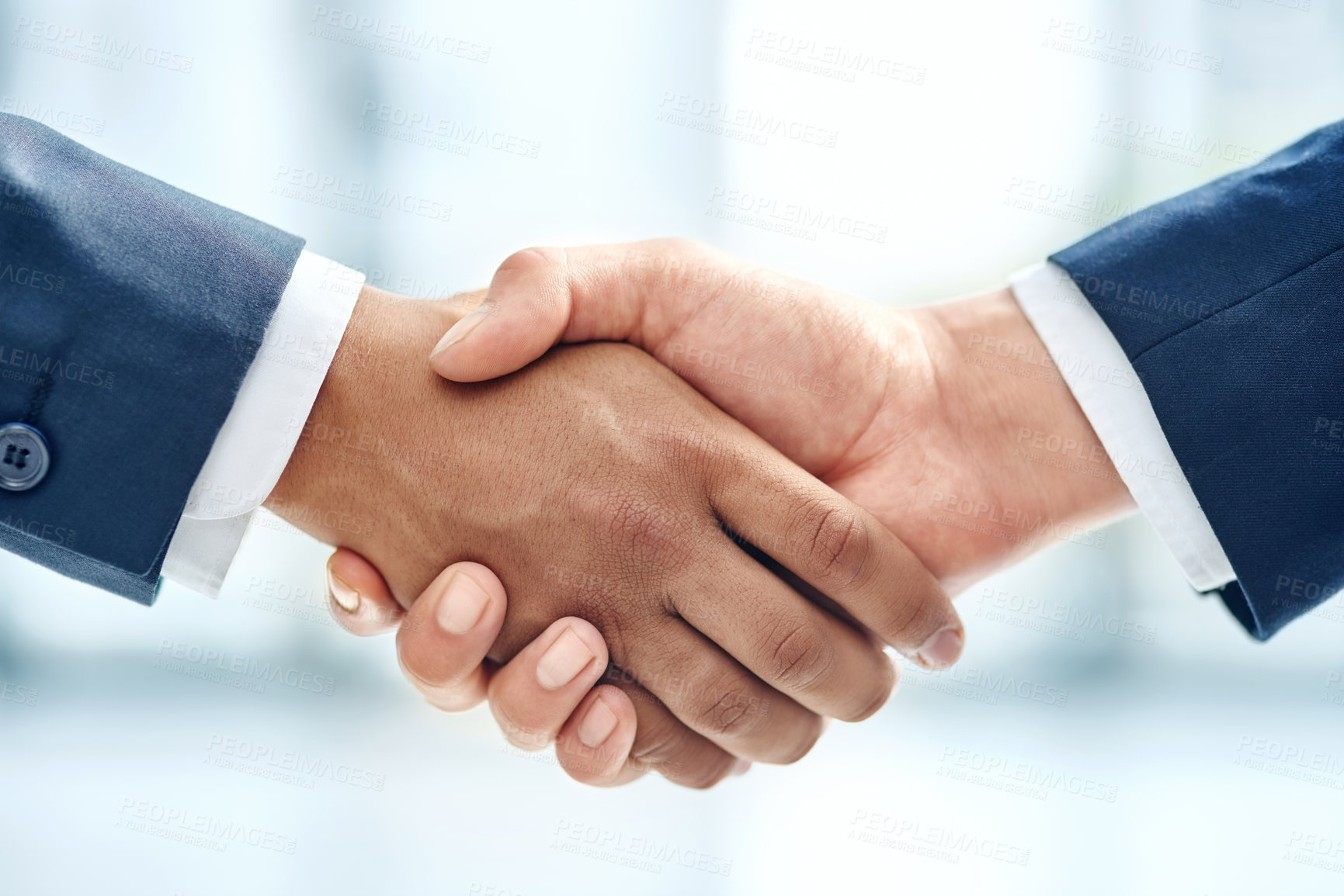 Buy stock photo Business people, handshake and corporate deal with support for b2b merger, teamwork or hiring. Partnership, welcome and greeting for promotion interview or investment meeting, approval or networking