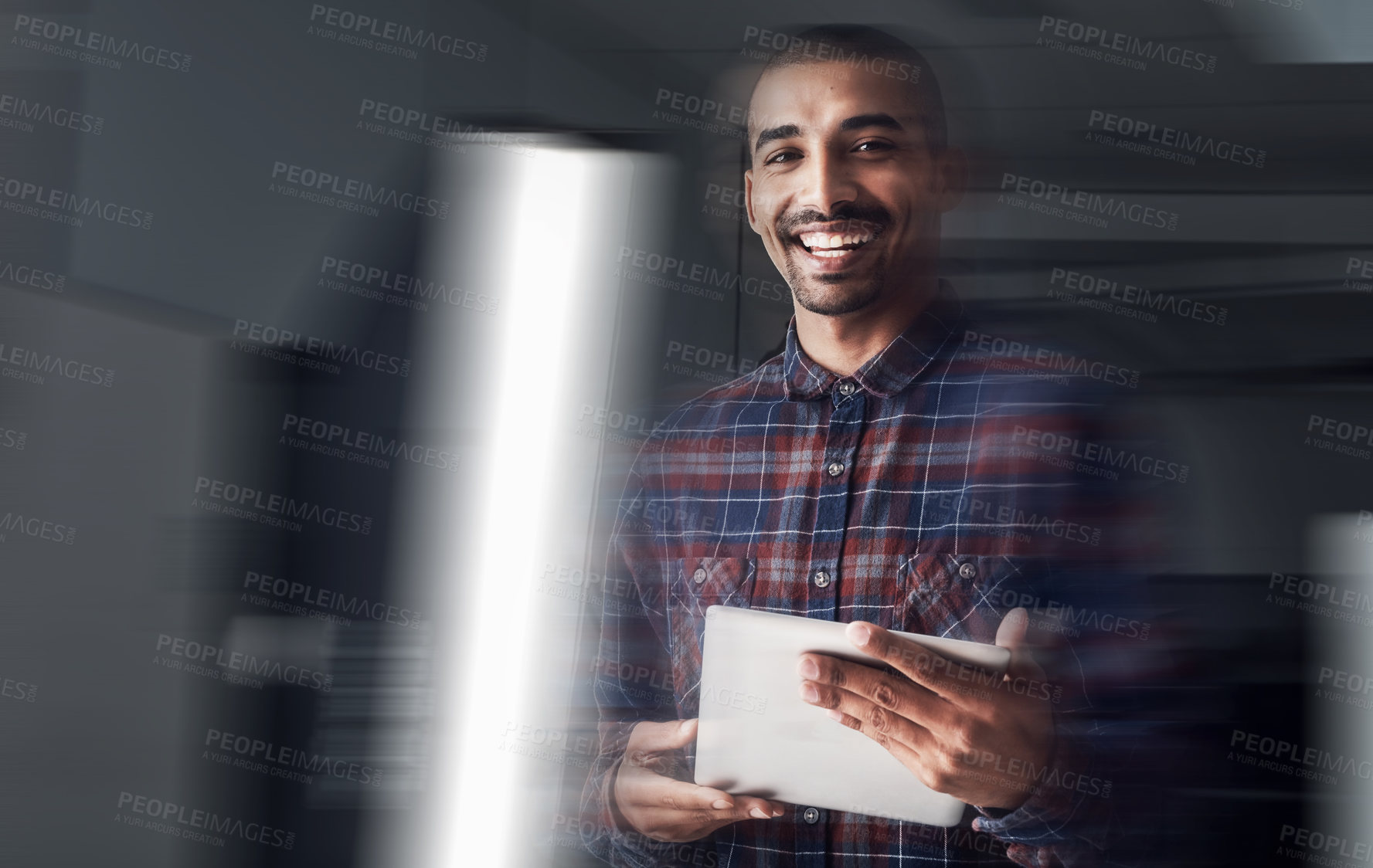 Buy stock photo Employee, man and smile at office with tablet for online reviews, research and insights as social media manager. Male person, portrait and happy on internet or website for communication or networking