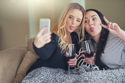 Buy stock photo Shot of two young friends taking a funny selfie together at home