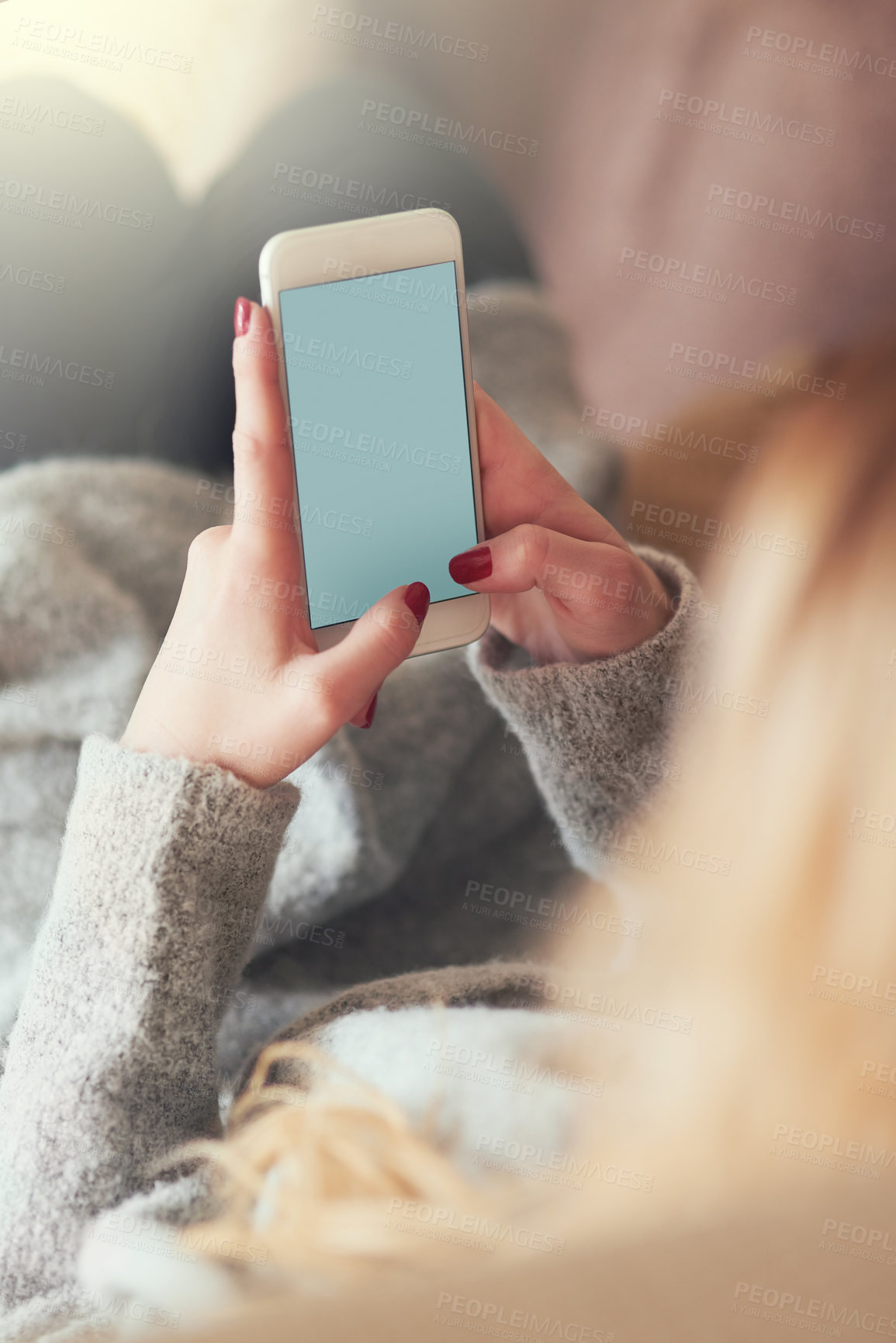 Buy stock photo Relax, morning and woman in bed with phone screen for social media, online chat or connectivity in home. Mockup, scroll and girl in bedroom with smartphone, communication and digital networking space