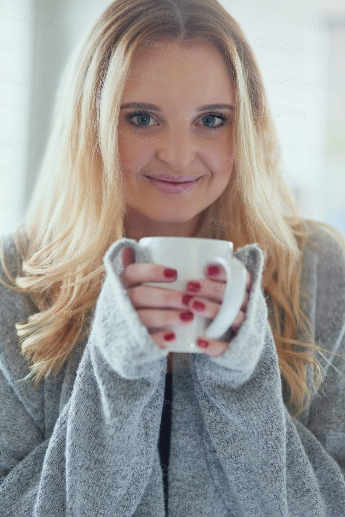 Buy stock photo Girl, smile and coffee in kitchen in morning for breakfast, caffeine or comfortable portrait in home. Woman, person and happy with warm beverage for energy, start day and routine with relax in house