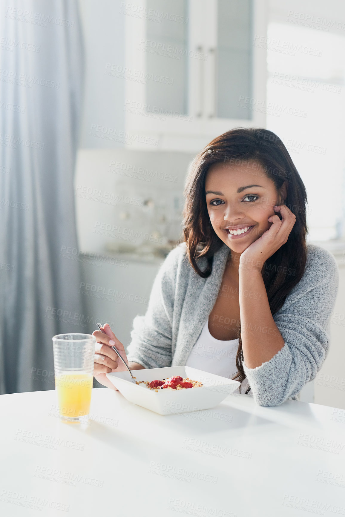 Buy stock photo Breakfast, cereal and portrait of woman with orange juice in home with benefits of nutrition in diet. Happy, girl and bowl of granola muesli with fruit and eating for gut health or digestion of food
