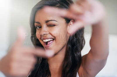 Buy stock photo Portrait of a happy young woman posing at home