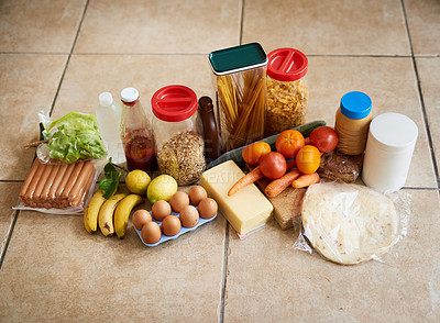 Buy stock photo Shot of a variety of food in a kitchen