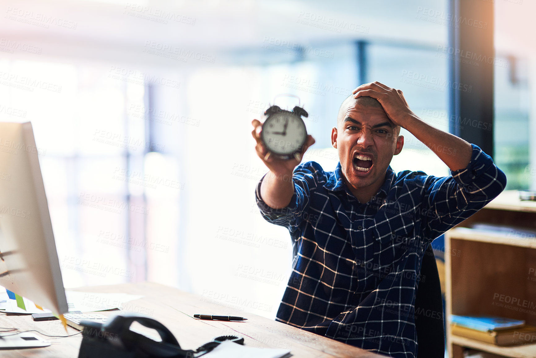 Buy stock photo Clock, deadline or stress and designer man screaming in office with anxiety, panic or pressure. Late, portrait and time with employee shouting in creative workplace for cut off, limit or schedule