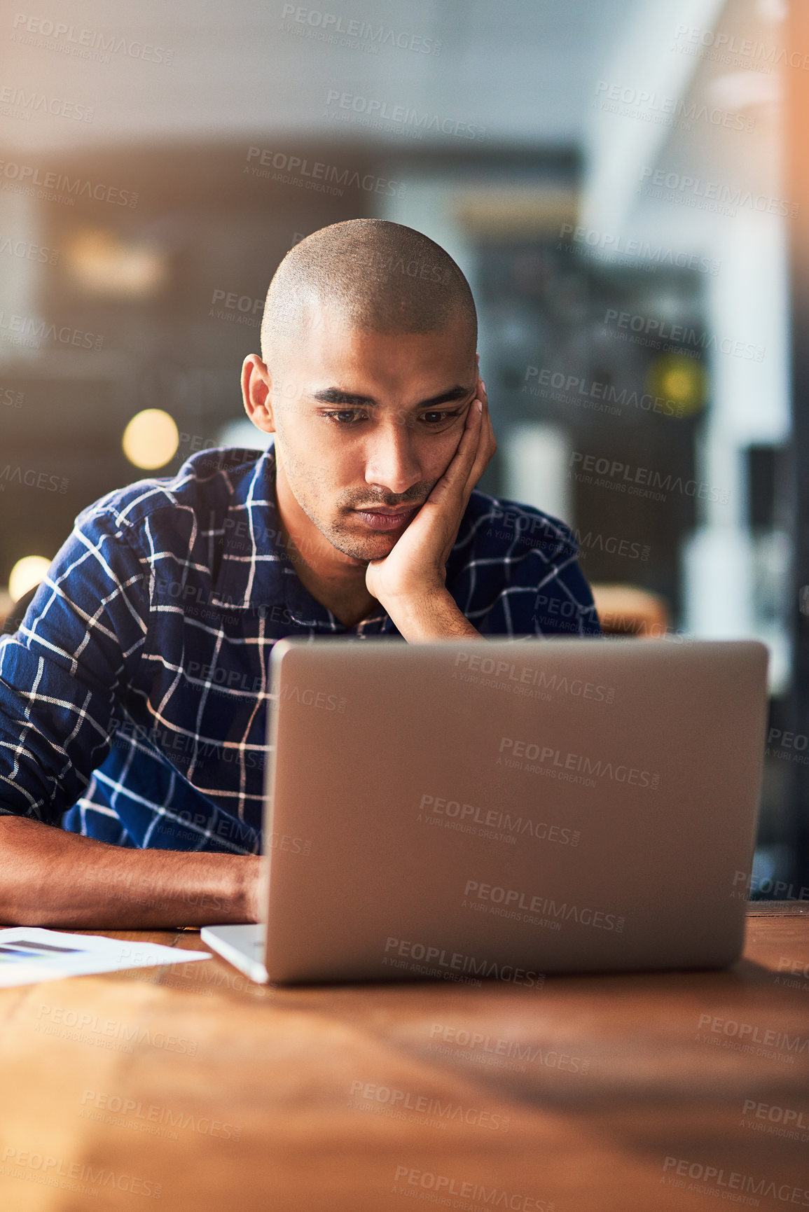 Buy stock photo Employee, man and laptop in office for internet search, information and creativity. Reading, website and online research with project ideas, plan and strategy as graphic designer and serious