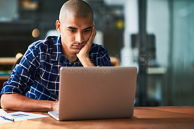 Buy stock photo Business man, bored and tired on computer for decision, solution or problem solving in office at night. Sad and serious accountant with fatigue or stress reading online report on laptop at startup