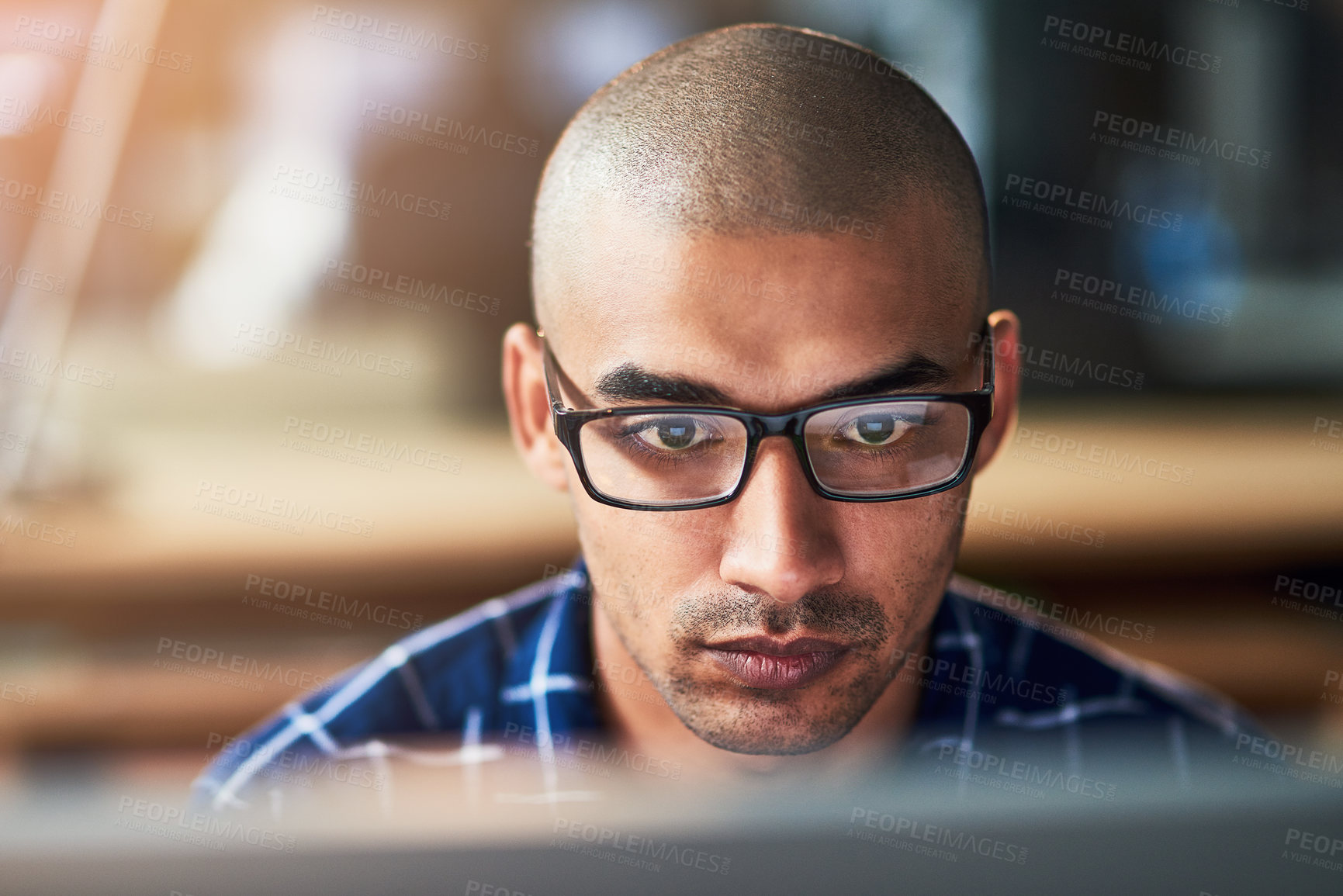 Buy stock photo Business man, reading and planning on computer for software solution, research or problem solving. Programmer or developer in glasses at night for cloud computing, firewall or security threats on web