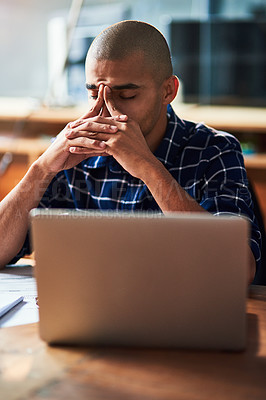 Buy stock photo Business man, stress and headache on computer for decision, solution or problem solving in office. Angry, frustrated or tired programmer with fatigue or worry on laptop for startup mistake or fail