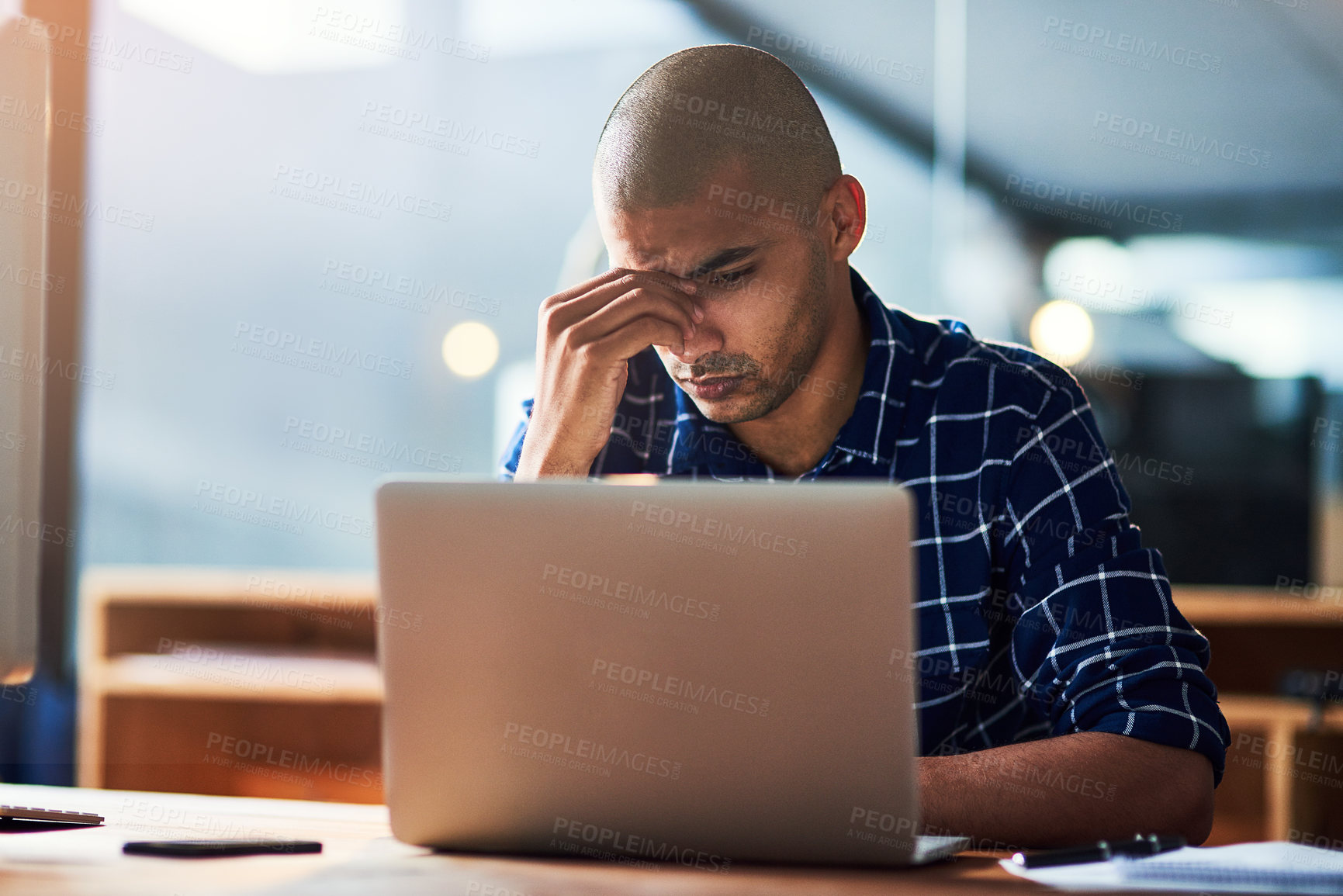 Buy stock photo Business man, stress and confused on laptop in office for news, mistake or error with startup project. Tired graphic designer with fatigue, headache or worry on computer for online deadline at night