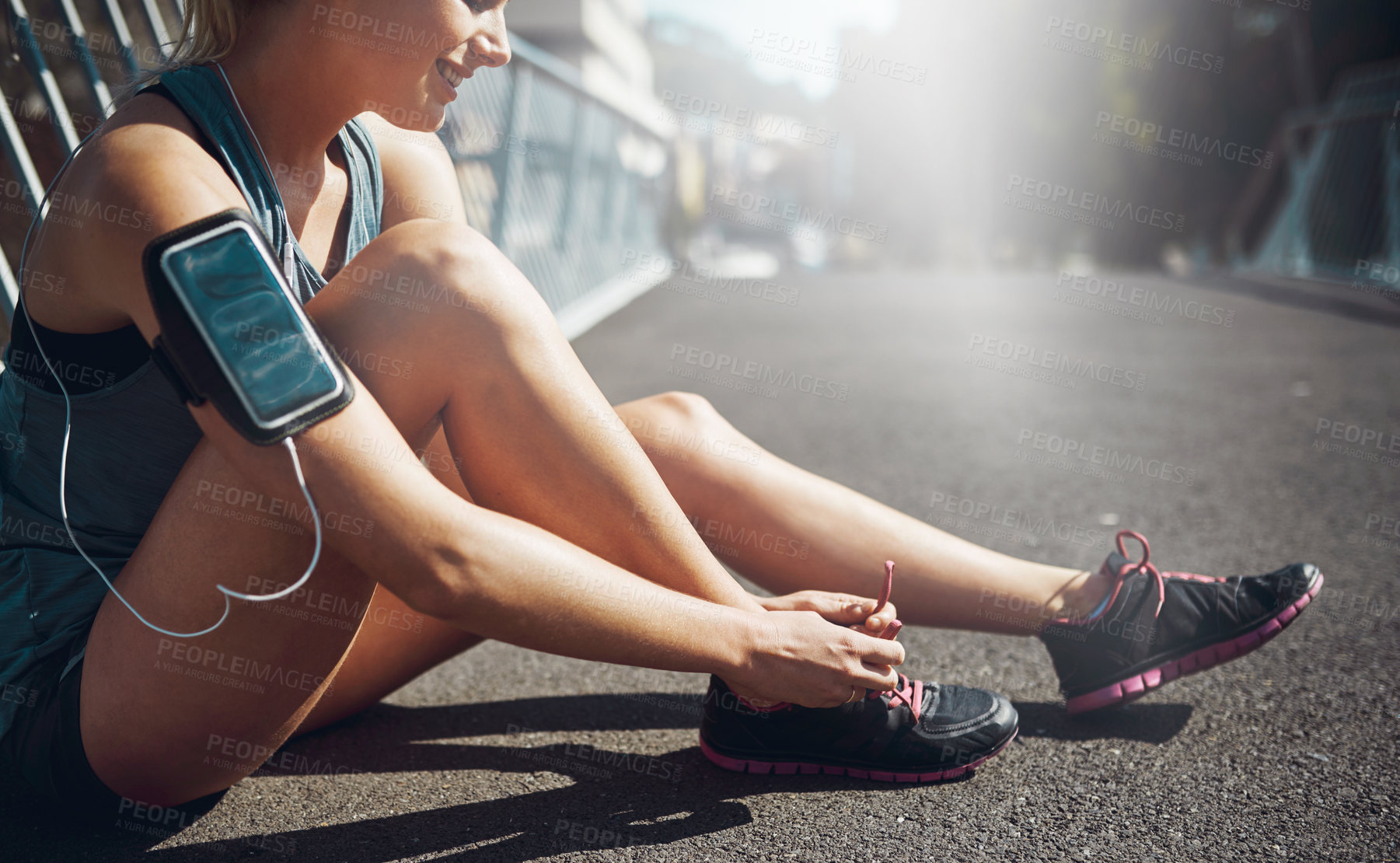 Buy stock photo Hands, woman or tie shoes on road for cardio training, running exercise and fitness workout. Begin, footwear laces and athlete runner on ground in city street ready to start jog or marathon practice