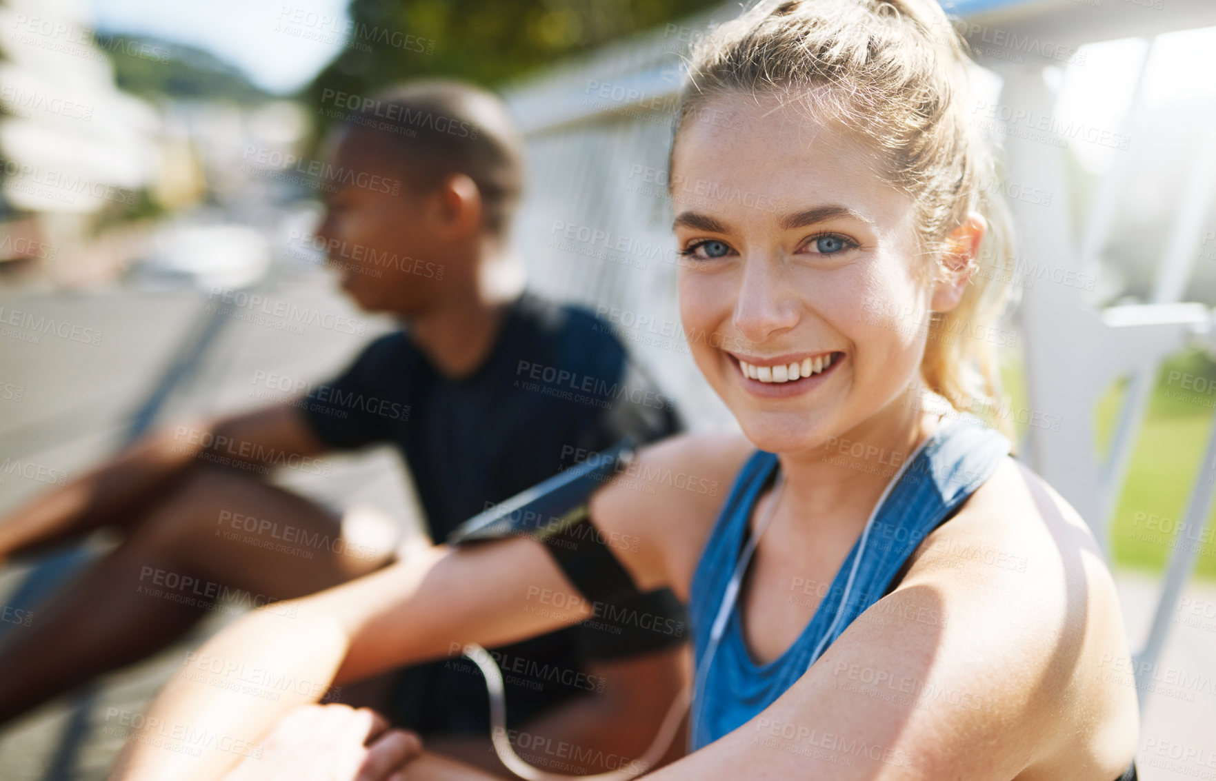 Buy stock photo Fitness, woman and portrait with smile in city for outdoor training, wellness and exercise break. Happy, face and athlete with man in street of urban town for morning run, rest and workout together